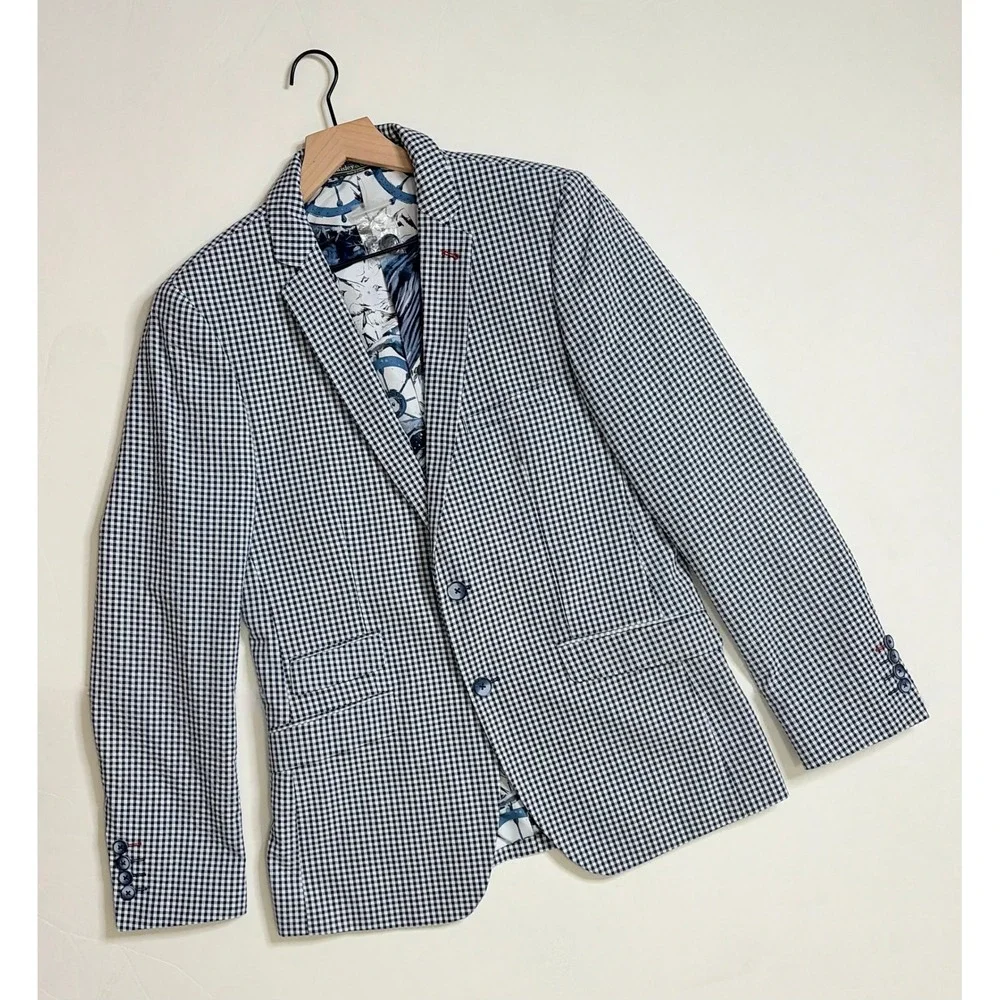 NEW! PAISLEY & GRAY Gingham Peak Two Button Blazer Blue White Nautical Lined 40R